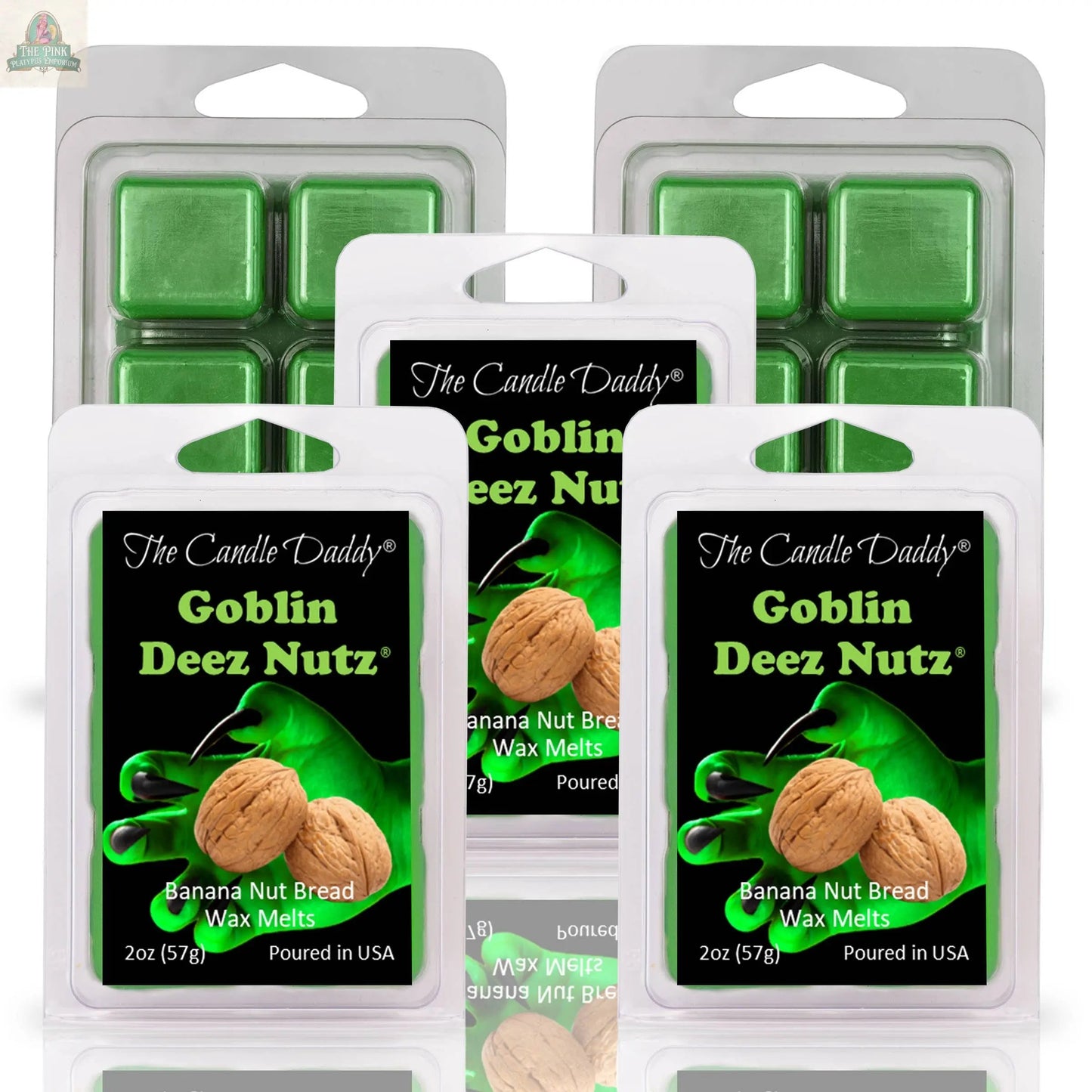 Five packs of "GOBLIN" DEEZ NUTZ - BANANA NUT BREAD FALL HALLOWEEN WAX melts, featuring green goblin hands and walnuts on the packaging—great for Halloween gifts or aromatherapy.