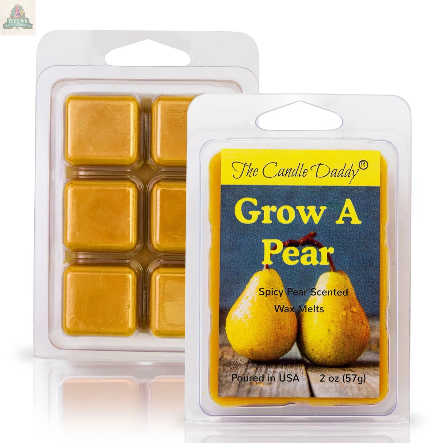 Enjoy a 2-ounce pack of GROW A PEAR Spice Pear Scented Wax Melt—strongly scented golden yellow cubes featuring bold pear imagery for a sweet and spicy fragrance in any space.