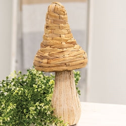 woven seagrass mushroom decor for boho home styling, natural tabletop accent for shelves, coffee tables, and spring decor with neutral earthy texture