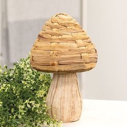 small woven seagrass mushroom decor for boho home styling, natural tabletop accent for shelves or tiered trays with neutral earthy texture and organic design