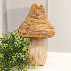 woven seagrass mushroom decor for boho shelf styling, natural tabletop accent with neutral tones for home decor, seasonal displays, and organic textured design