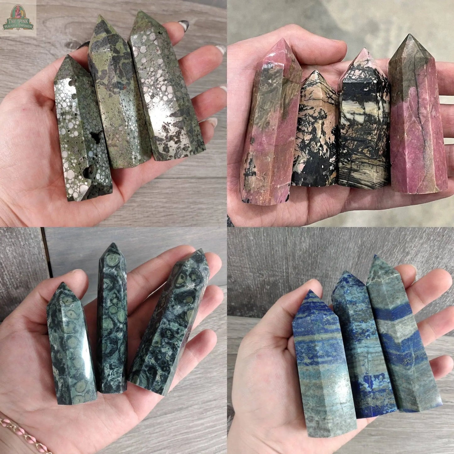 A collage showcases hands holding Keystone Crystals' Gemstone Obelisks—4 to 5 oz bulk crystal towers in Coffee Bean Jasper and other colorful stones, each featuring unique natural patterns and hues.