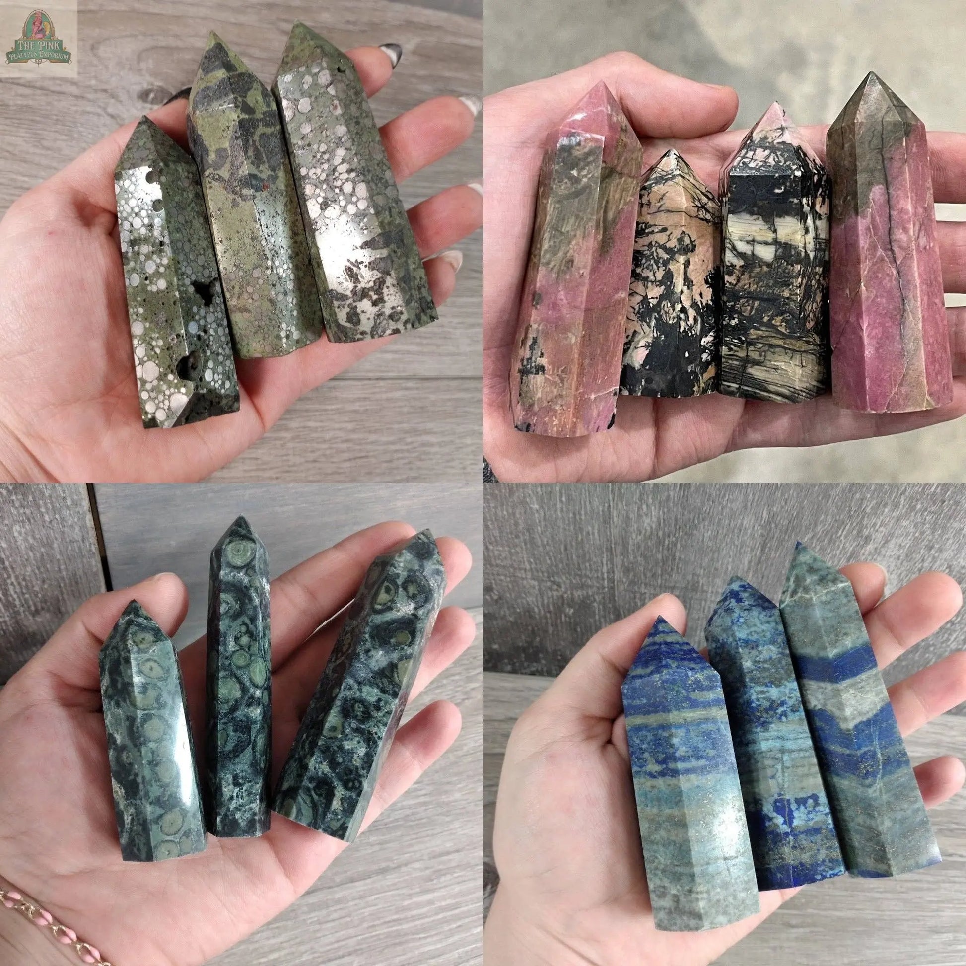 A collage showcases hands holding Keystone Crystals' Gemstone Obelisks—4 to 5 oz bulk crystal towers in Coffee Bean Jasper and other colorful stones, each featuring unique natural patterns and hues.