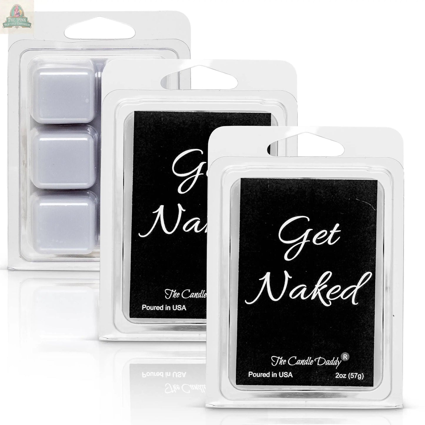 Three packs of Get Naked - Mulled Cider & Chestnut Scented Melt are shown, two in front with black labels, and one behind displaying three maximum scent wax cubes for long-lasting fragrance.