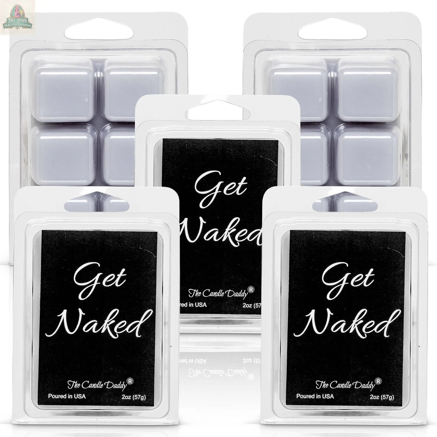 A pack of Get Naked – Mulled Cider & Chestnut Scented Wax Melts is shown in clear plastic packaging with a bold black label. Each USA-poured pack weighs 2oz (57g).