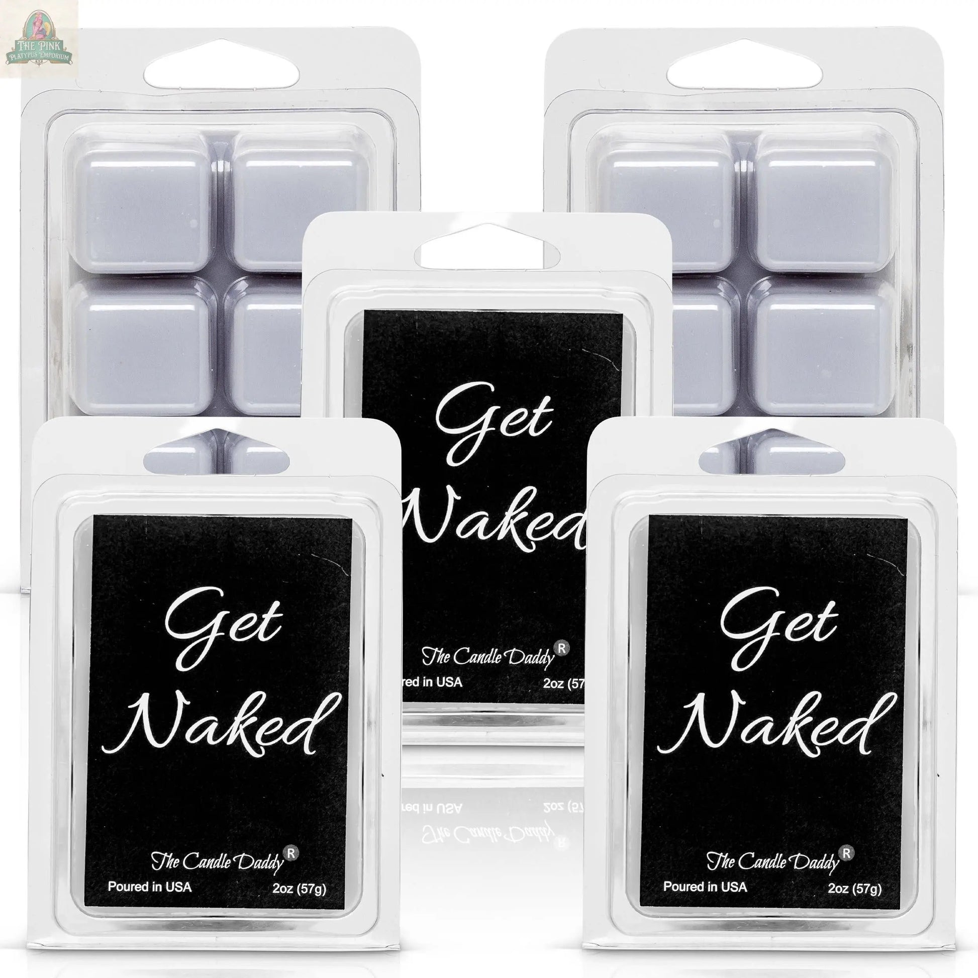 A pack of Get Naked – Mulled Cider & Chestnut Scented Wax Melts is shown in clear plastic packaging with a bold black label. Each USA-poured pack weighs 2oz (57g).