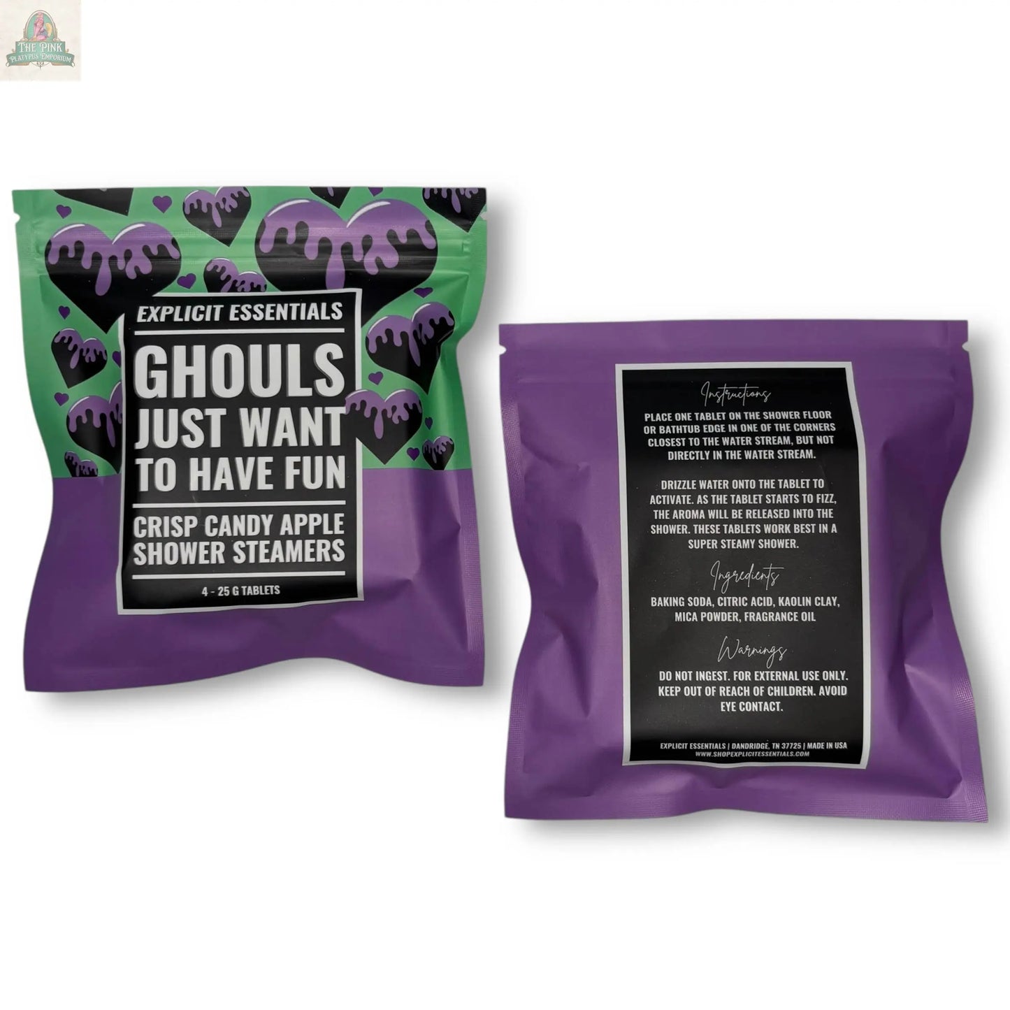 Two purple and green packages of Halloween Shower Steamers | Spooky Season Gift by Explicit Essentials. The front says "Ghouls Just Want to Have Fun," making them a perfect Halloween self-care gift. Ingredients and usage info are on the back.