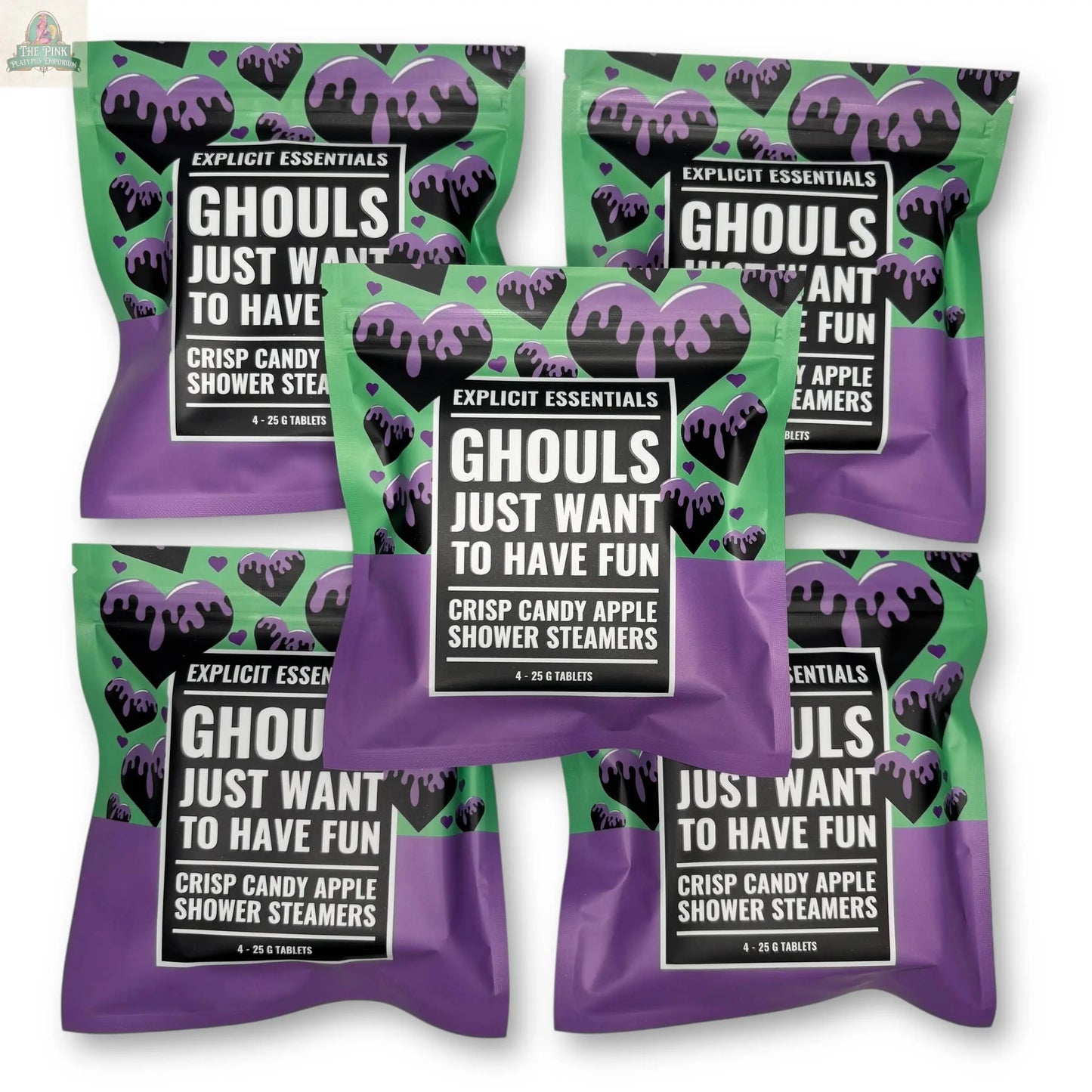 Five green and purple Explicit Essentials Halloween Shower Steamers | Spooky Season Gift are displayed in a grid. Bold black labels with white text make these perfect for a festive self-care Halloween gift.