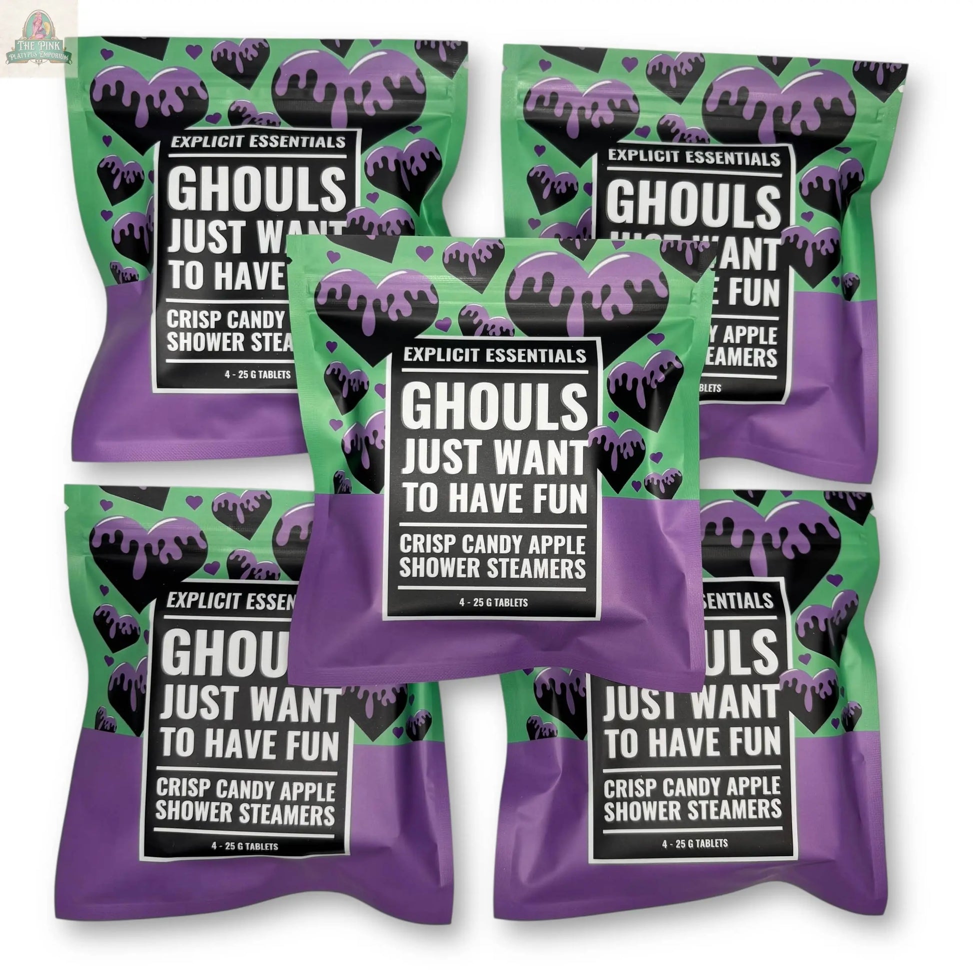 Five green and purple Explicit Essentials Halloween Shower Steamers | Spooky Season Gift are displayed in a grid. Bold black labels with white text make these perfect for a festive self-care Halloween gift.