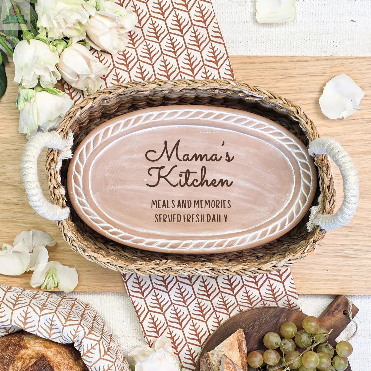 The Handmade Bread Warmer & Wicker Basket - Mom Oval : Design 3 features an engraved oval tray in a wicker basket, perfect for bread lovers and making any table special—a thoughtful gift celebrating meals and memories.