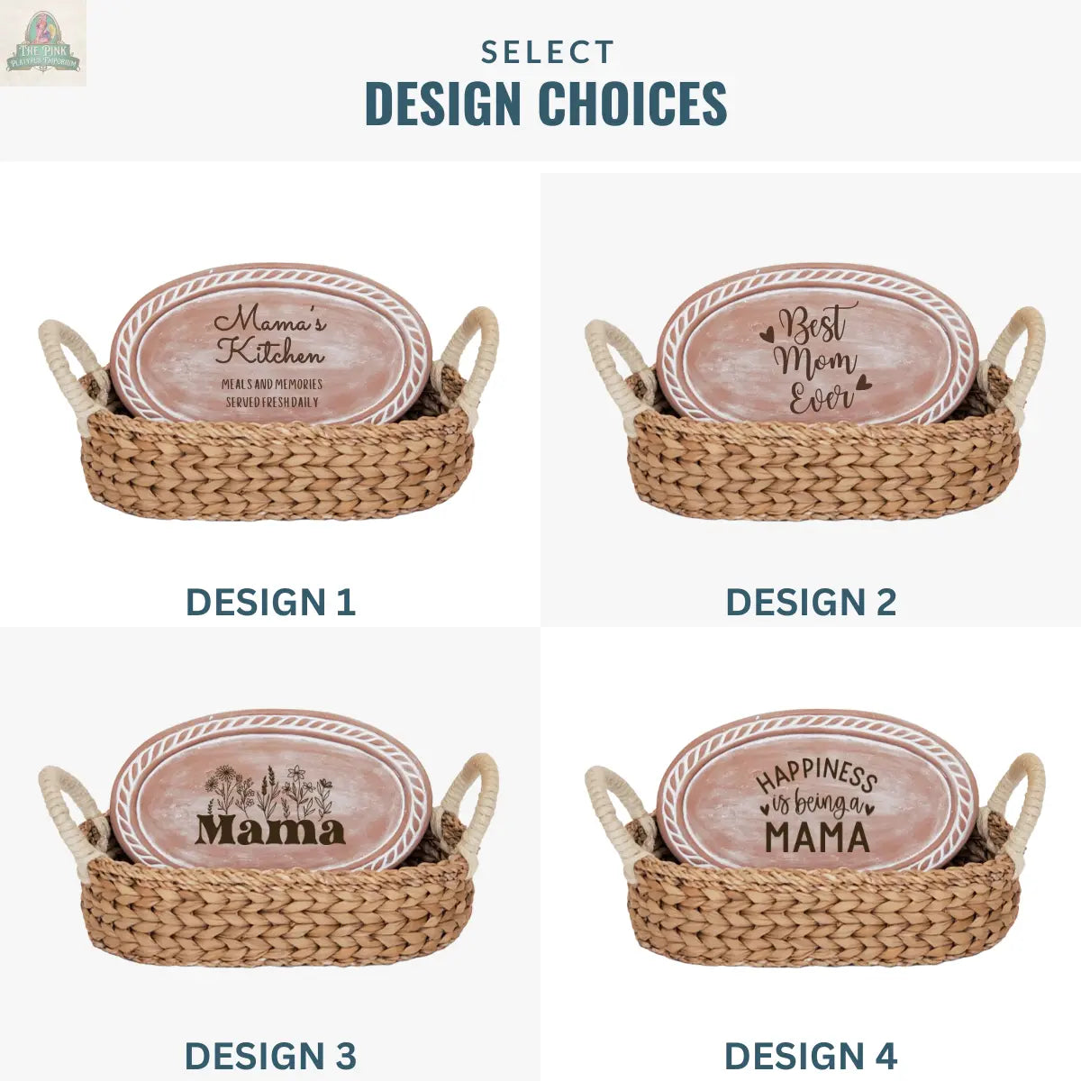 The Handmade Bread Warmer & Wicker Basket - Mom Oval : Design 3 features a unique oval plate in a woven basket with "Mama" text—an ideal bread lover's gift.