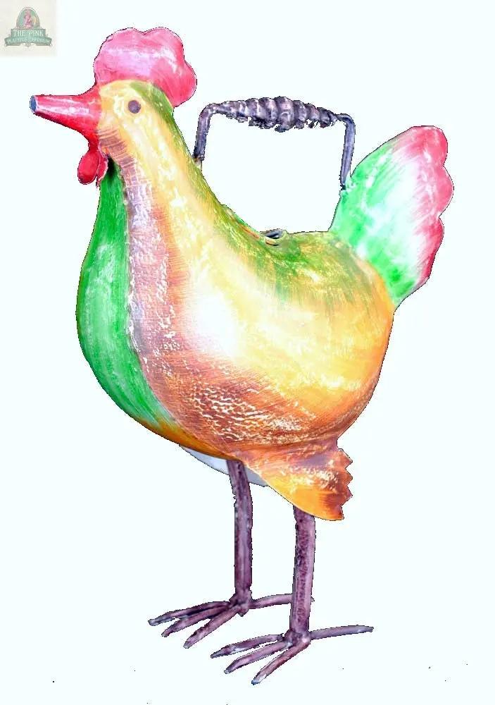 The Handmade Chicken-Shaped Watering Can – Galvanized Iron 14" is a vibrant, eco-friendly garden accessory, featuring green, yellow, and red hues, crafted from recycled materials and designed to stand upright with a back handle.