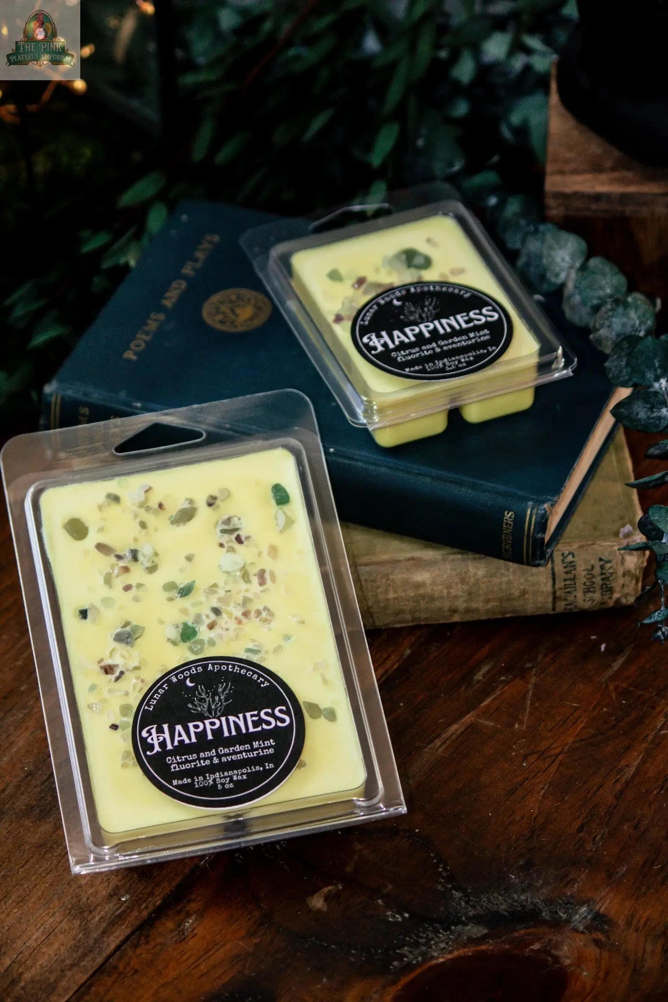 Two packs of "Happiness — Witchy Wax Melts," infused with garden mint and lemon, sit atop old books on wood, surrounded by greenery—ideal for your favorite wax warmer.