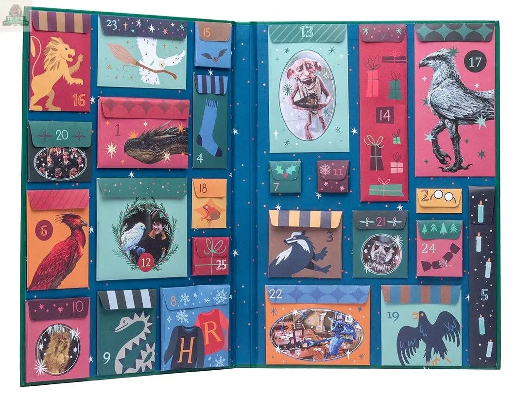 The Harry Potter Holiday Magic: Official Advent Calendar features illustrated numbered flaps, each revealing magical creatures, gifts, or symbols in festive colors against a blue background—packed with Wizarding World collectibles and surprises.