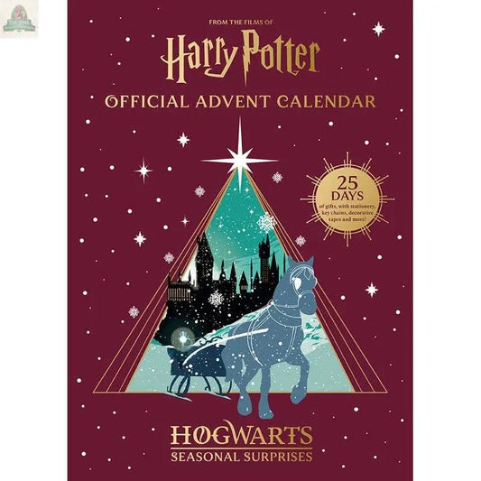The Harry Potter Official Advent Calendar Hogwarts Seasonal is burgundy and features a white horse-drawn carriage, a snowy Hogwarts castle in a triangle, a large star, and gold text: "Official Advent Calendar, 25 days, magical Hogwarts collectibles.