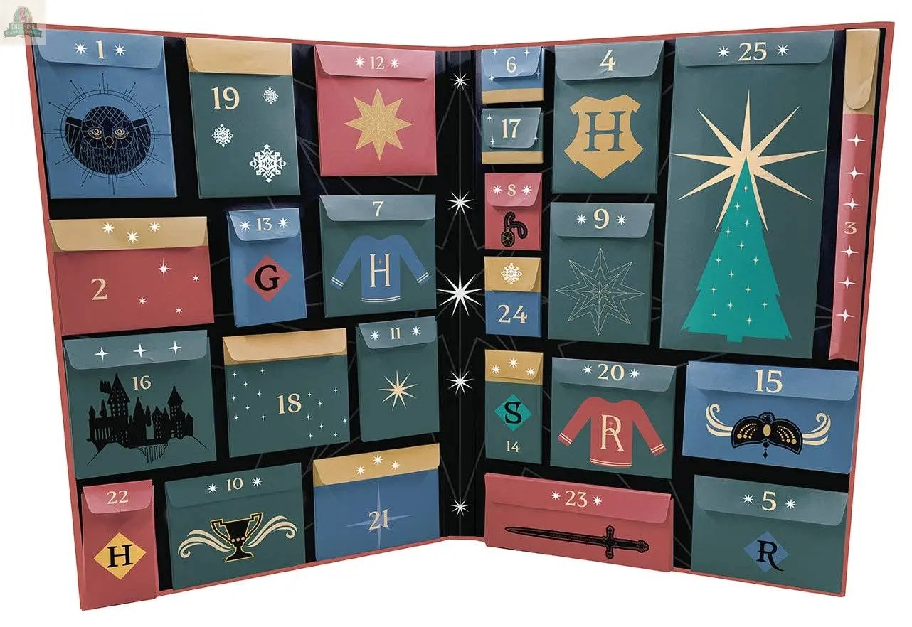 Discover the Harry Potter Official Advent Calendar Hogwarts Seasonal, featuring 25 numbered compartments filled with magical surprises like sweaters, the Hogwarts crest, Christmas tree, and icons in blue, green, gold, and red.