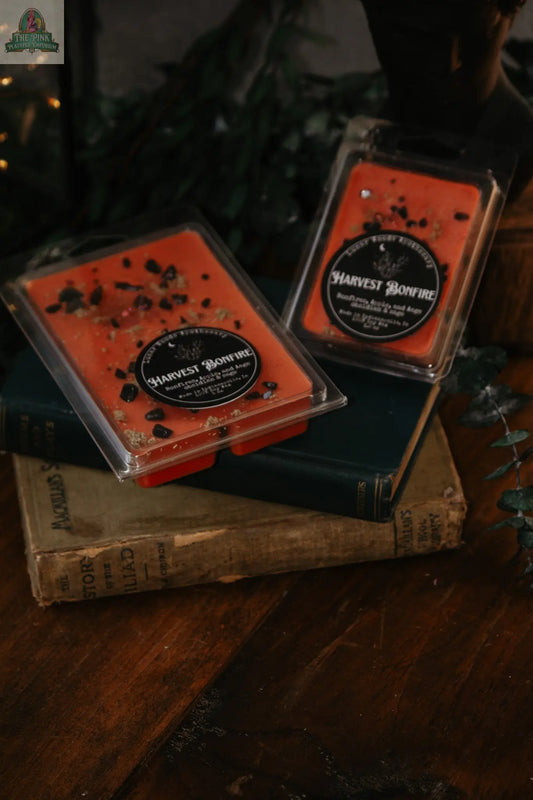 Two packs of Harvest Bonfire — Witchy Wax Melts, inspired by autumn nights, rest atop vintage books on a wooden table with dried botanicals and nearby greenery.