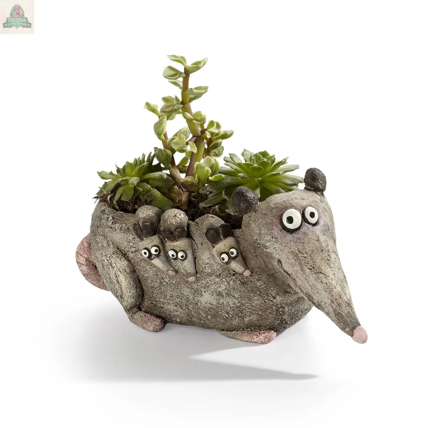 The Pink Platypus Emporium's Hattie, the Mama Opossum Blobhouse Planter features a gray opossum with three babies on her side, holding green succulents, and is set against a white background.