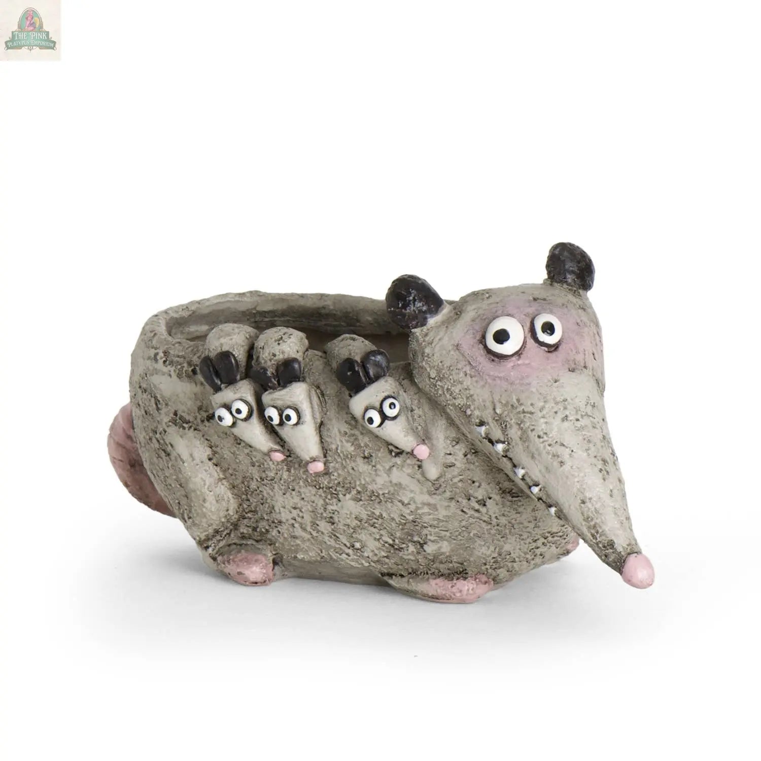 Hattie, the Mama Opossum Blobhouse Planter by Pink Platypus Emporium is a whimsical, handmade gray planter with a long snout and big eyes, carrying three cute baby figures—perfect for fans of cartoon-style Blobhouse Planters.