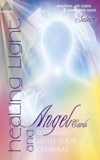Cover of Healing Light and Angel Cards: Working with Chakras by REDFeather shows an ethereal angelic figure in soft light, pastel hues, and feathered wings, symbolizing chakra healing energy.