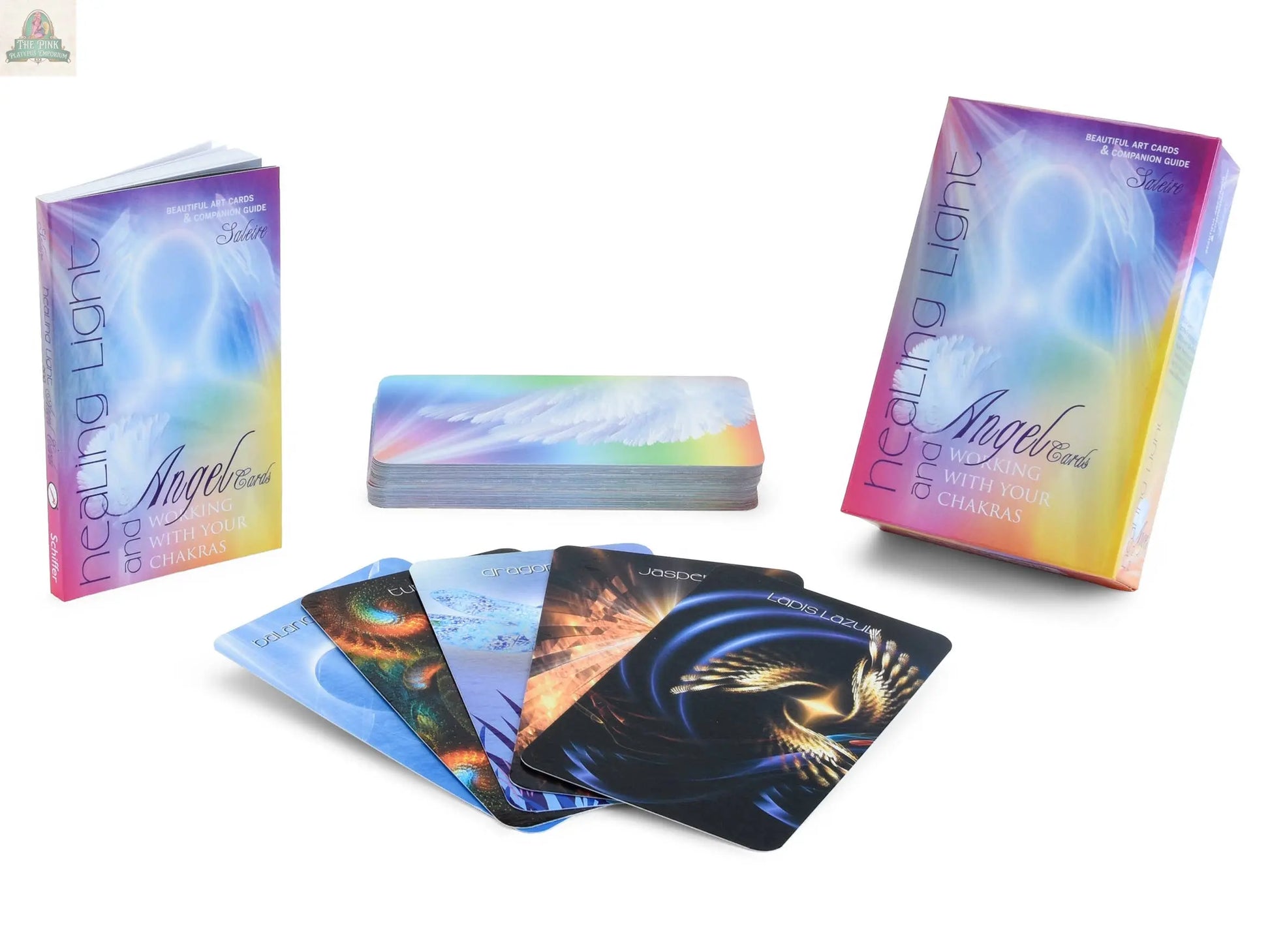 The Healing Light and Angel Cards: Working with Chakras by REDFeather is a box set including a deck and guidebook, featuring chakra-themed cards with vibrant mystical artwork. Several cards are shown stacked and spread out.