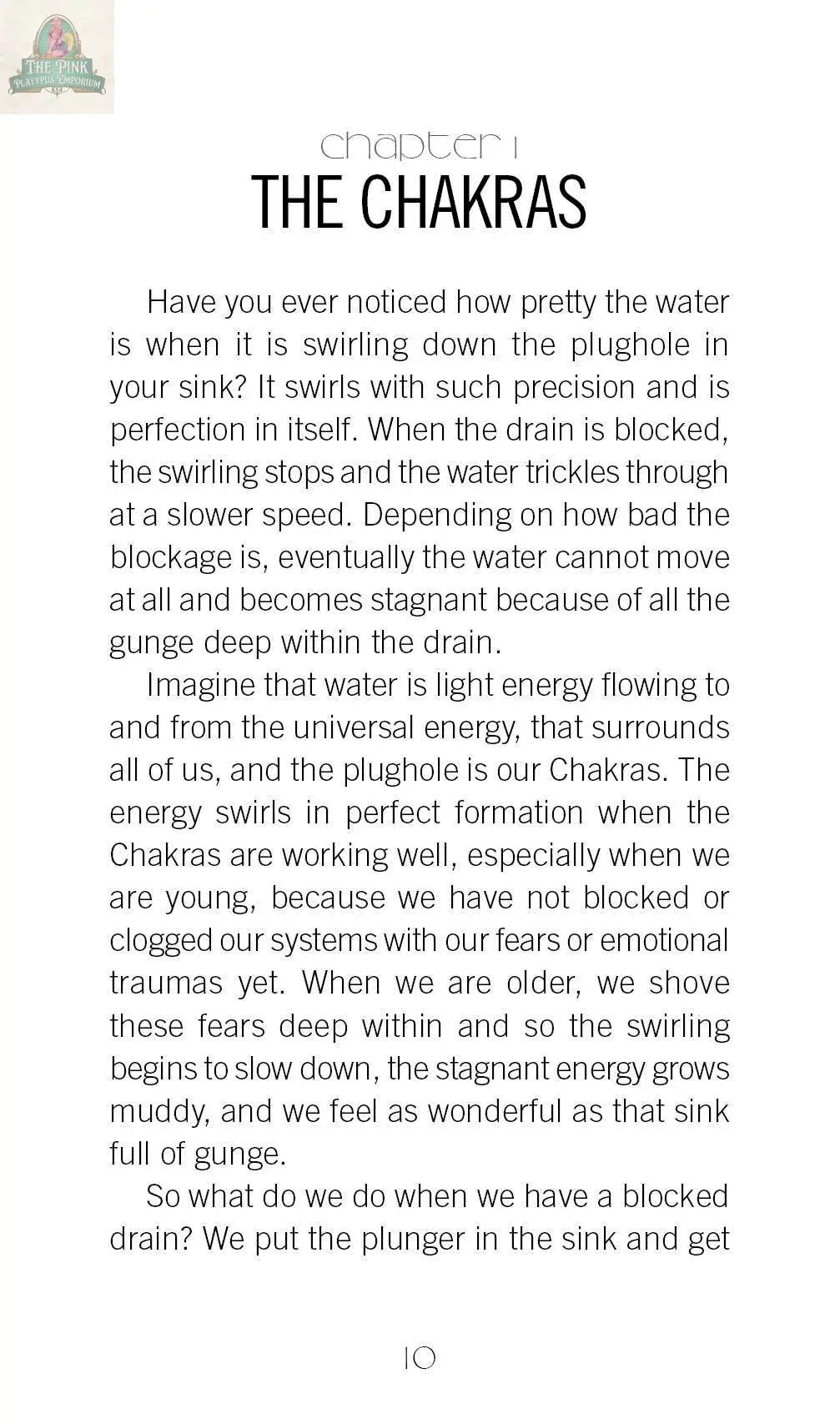 A page from REDFeather's "Healing Light and Angel Cards: Working with Chakras" compares swirling water in a sink to chakra flow, asks how to handle blockages, and features a decorative logo in the top left corner.