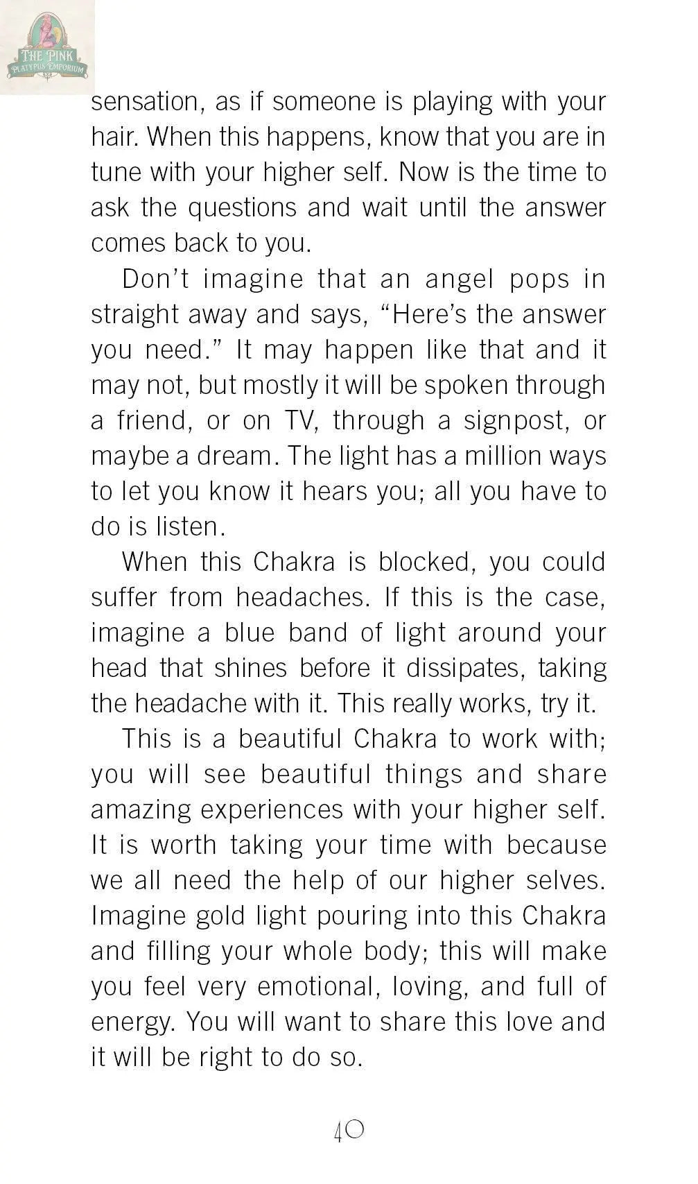 A page from REDFeather’s "Healing Light and Angel Cards: Working with Chakras" offers advice on headache relief and higher self connection, with chakra healing tips and a small angel logo in the top left corner.