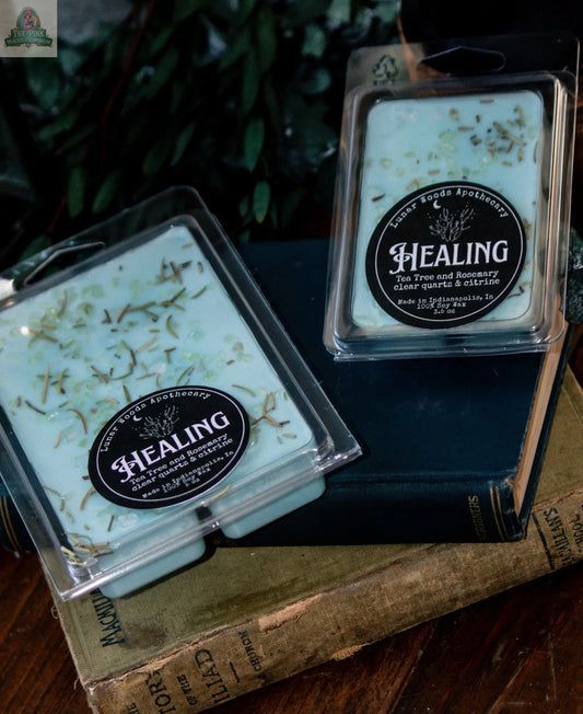 Two packs of Healing — Witchy Wax Melts, blue and herb-sprinkled with tea tree and rosemary, are shown on stacked vintage books with green leaves in the background—perfect for your wax warmer.