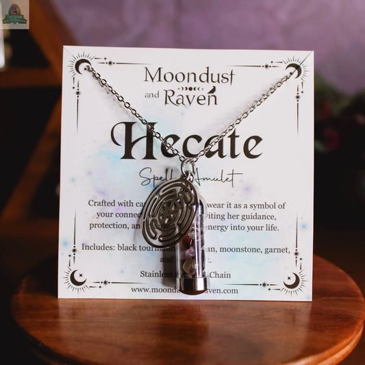 Hecate Spell Jar Amulet Necklace, Witchy Crystal Jewelry Moondust and Raven