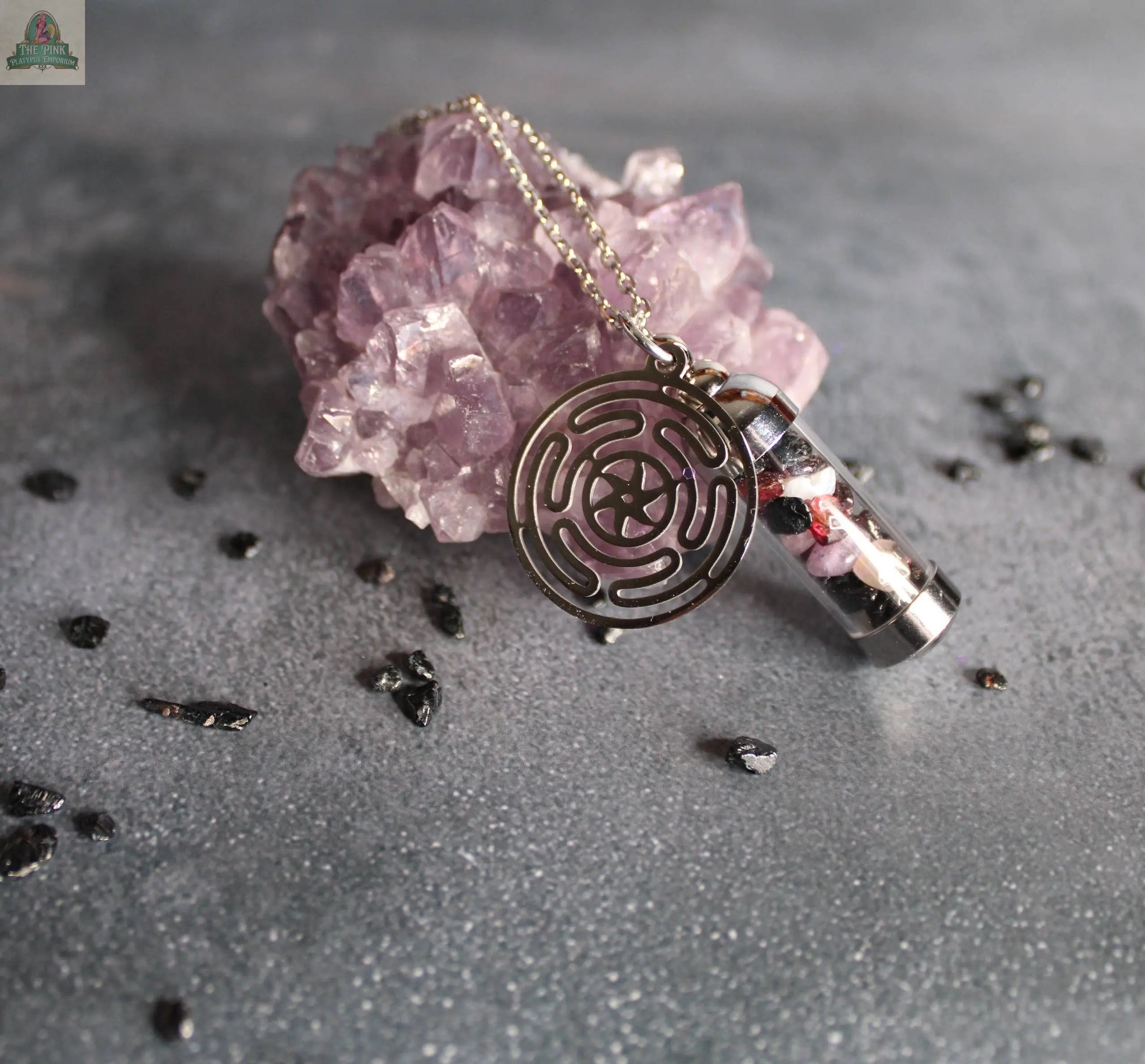 Hecate Spell Jar Amulet Necklace, Witchy Crystal Jewelry Moondust and Raven