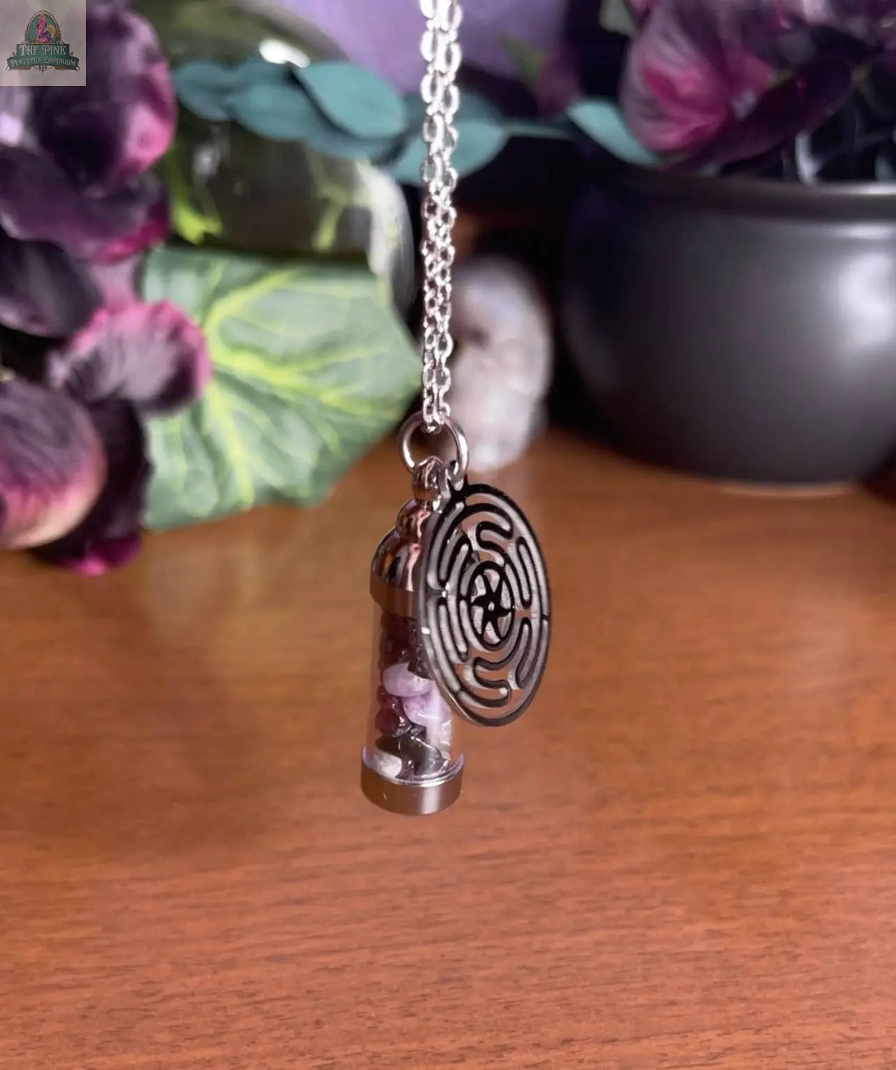 Hecate Spell Jar Amulet Necklace, Witchy Crystal Jewelry Moondust and Raven