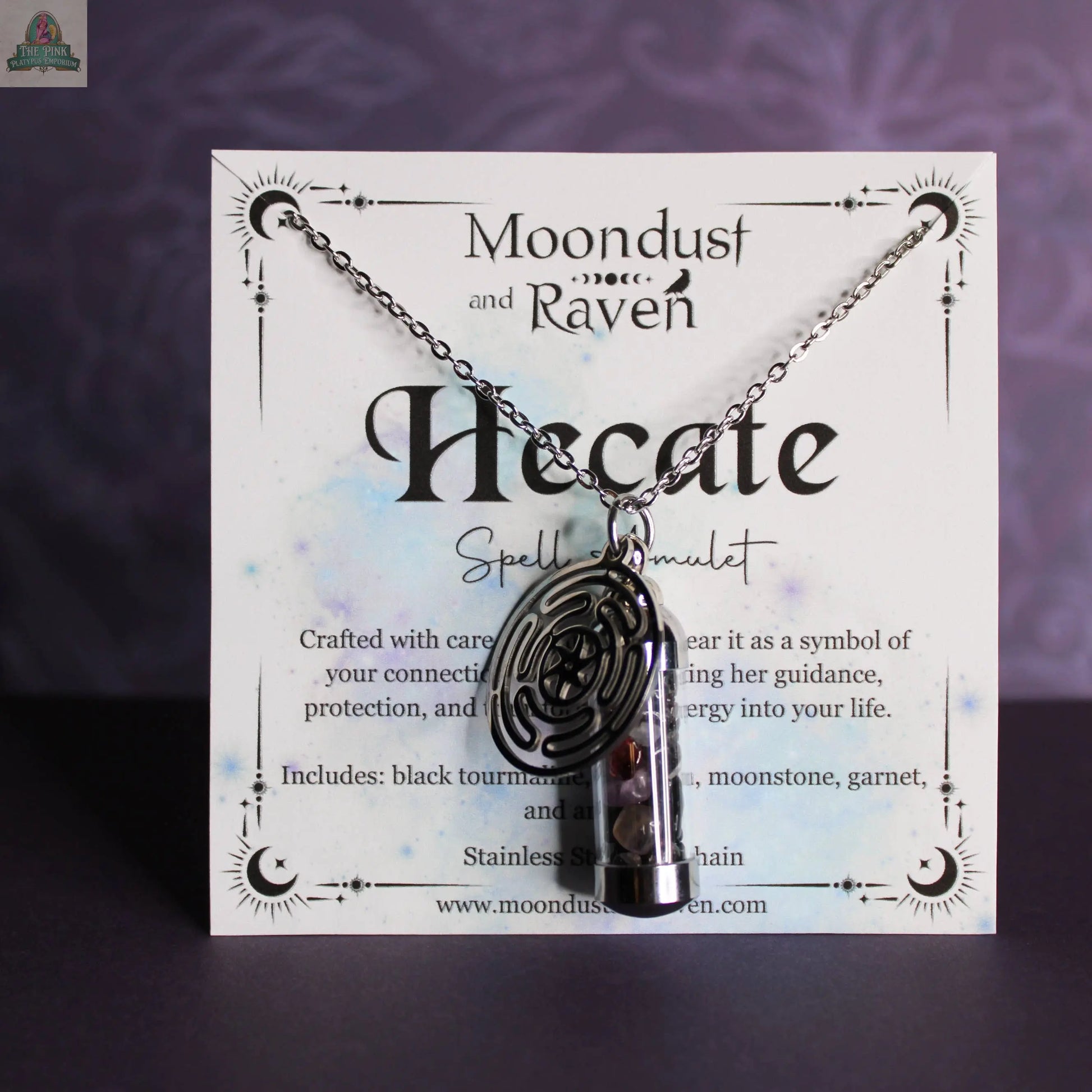 Hecate Spell Jar Amulet Necklace, Witchy Crystal Jewelry Moondust and Raven