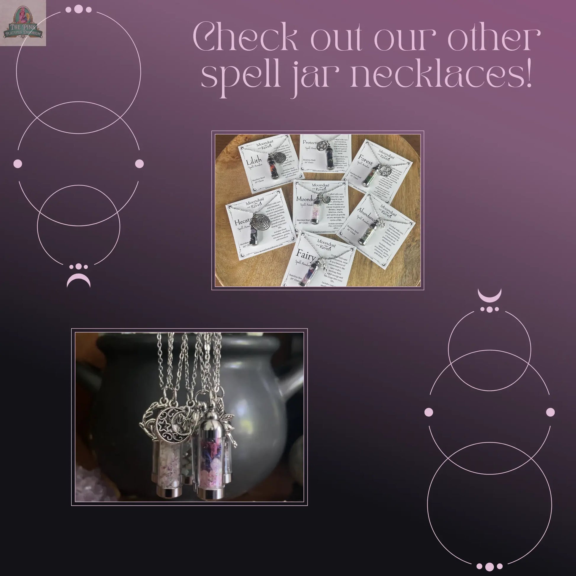 Hecate Spell Jar Amulet Necklace, Witchy Crystal Jewelry Moondust and Raven
