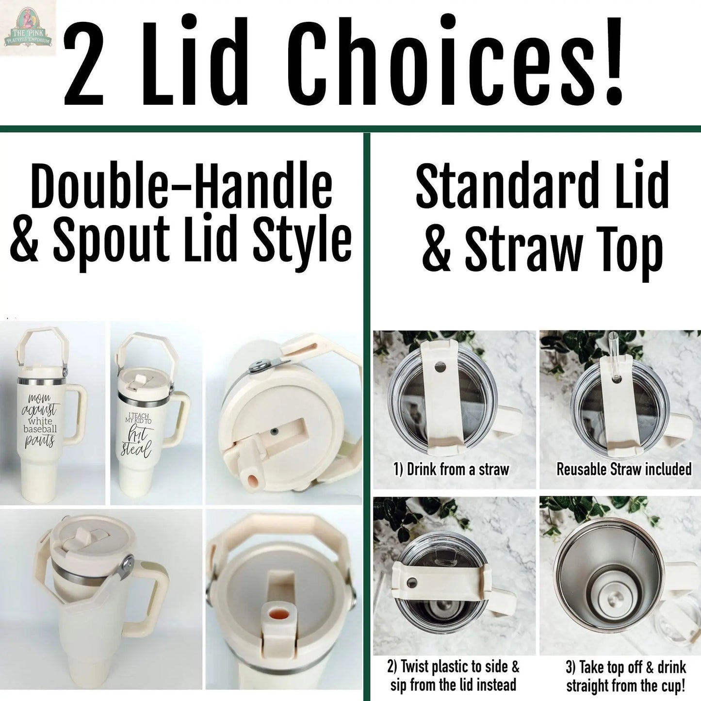 Comparison graphic of two Hit & Steal 40oz tumbler lids: Double-Handle & Spout Lid with dual handles and flip spout, and Standard Lid & Straw Top with reusable straw—perfect for any baseball mom tumbler fan.