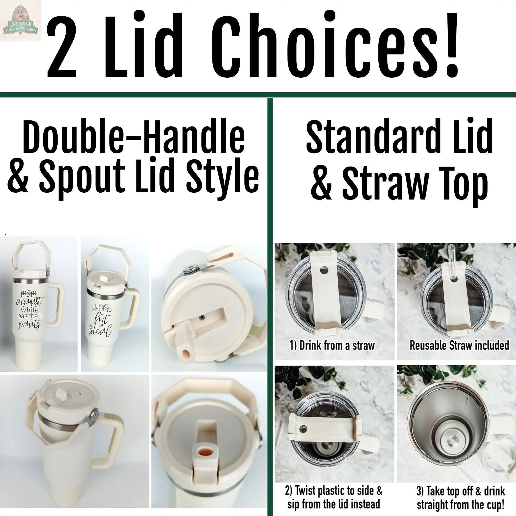 Comparison graphic of two Hit & Steal 40oz tumbler lids: Double-Handle & Spout Lid with dual handles and flip spout, and Standard Lid & Straw Top with reusable straw—perfect for any baseball mom tumbler fan.