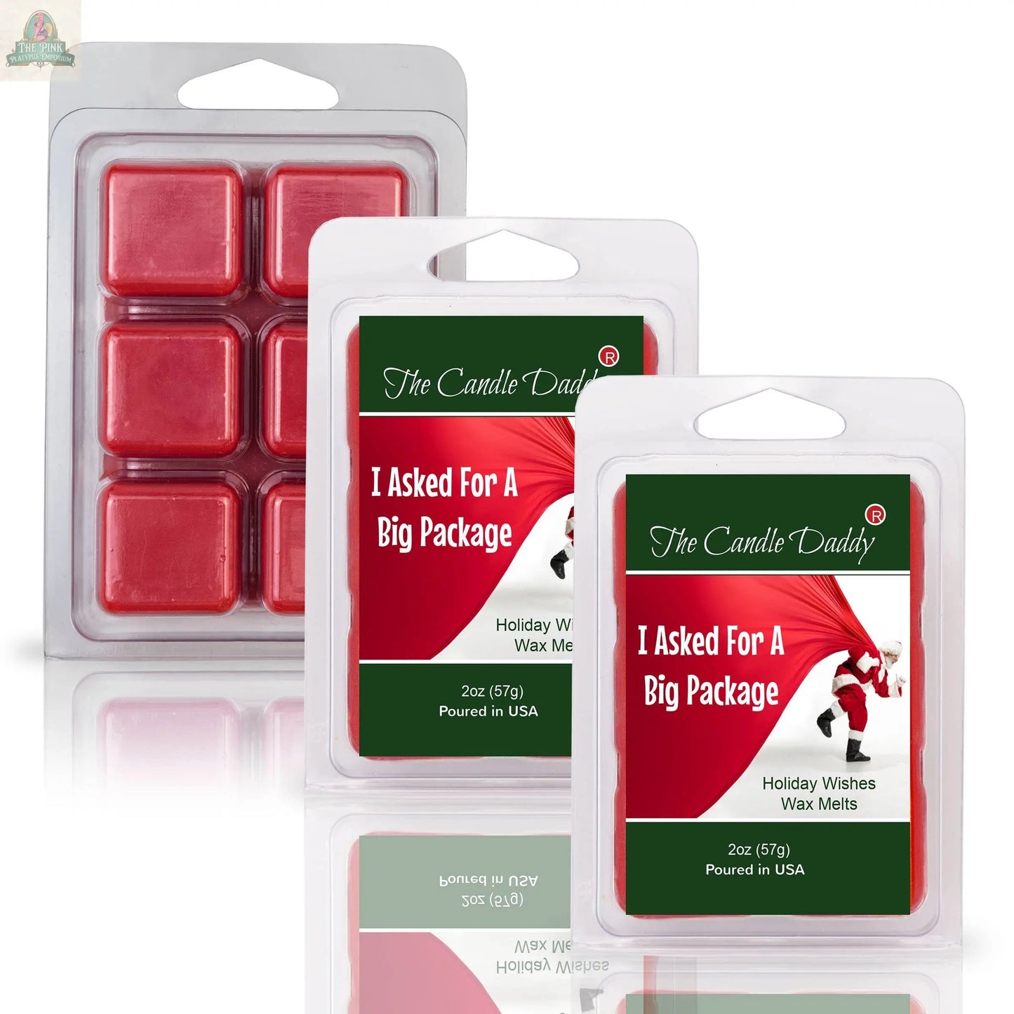 Three wax melt packages are shown: a plain clamshell with six red melts, and two labeled "I ASKED FOR A BIG PACKAGE - HOLIDAY WISHES SCENTED WAX MELTS," both featuring a Santa image.