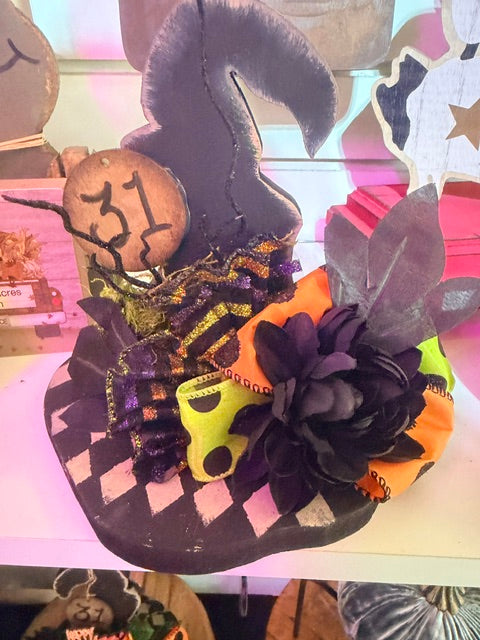 Wood Witch Hat Halloween Decor – Black Checkerboard Fall Decoration