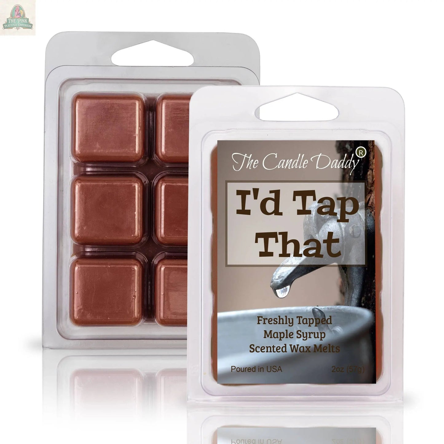 Two packs of I'D TAP THAT - FRESHLY TAPPED MAPLE SYRUP SCENTED WAX MELT, featuring tree syrup dripping into a bucket. Experience the sweet maple aroma in every melt—perfect for aromatherapy!.