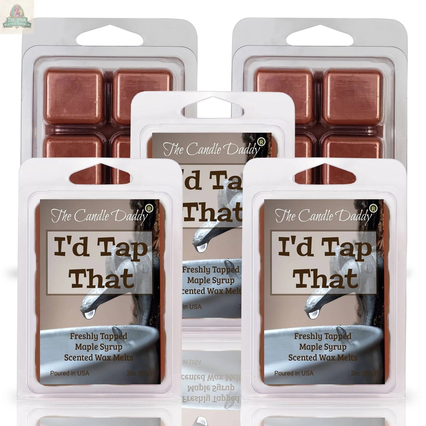 Five packs of I'D TAP THAT - FRESHLY TAPPED MAPLE SYRUP SCENTED WAX MELT are displayed, each featuring a label with maple syrup pouring from a tap—ideal for aromatherapy.