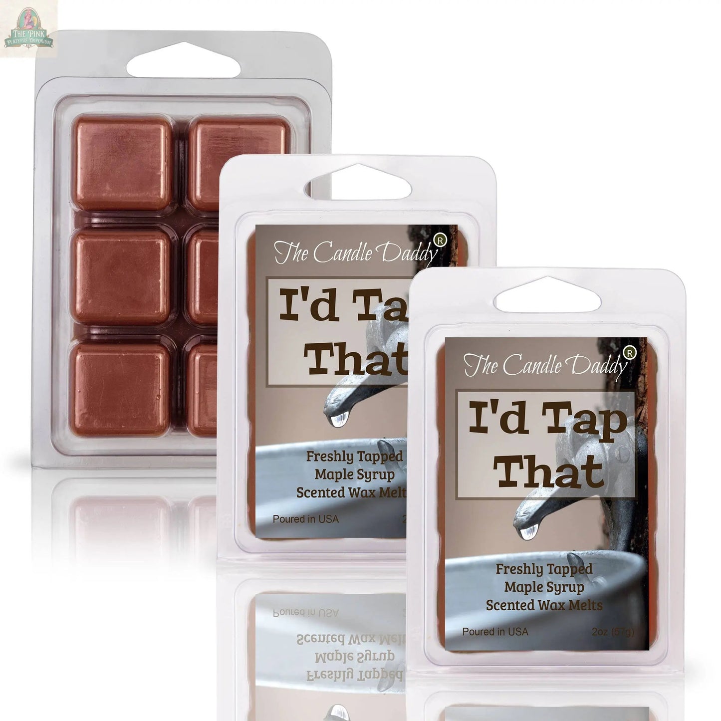 Two packaged and one unpackaged set of I’D TAP THAT - FRESHLY TAPPED MAPLE SYRUP SCENTED WAX MELT by The Candle Daddy, featuring a brown maple syrup theme—ideal for aromatherapy lovers.