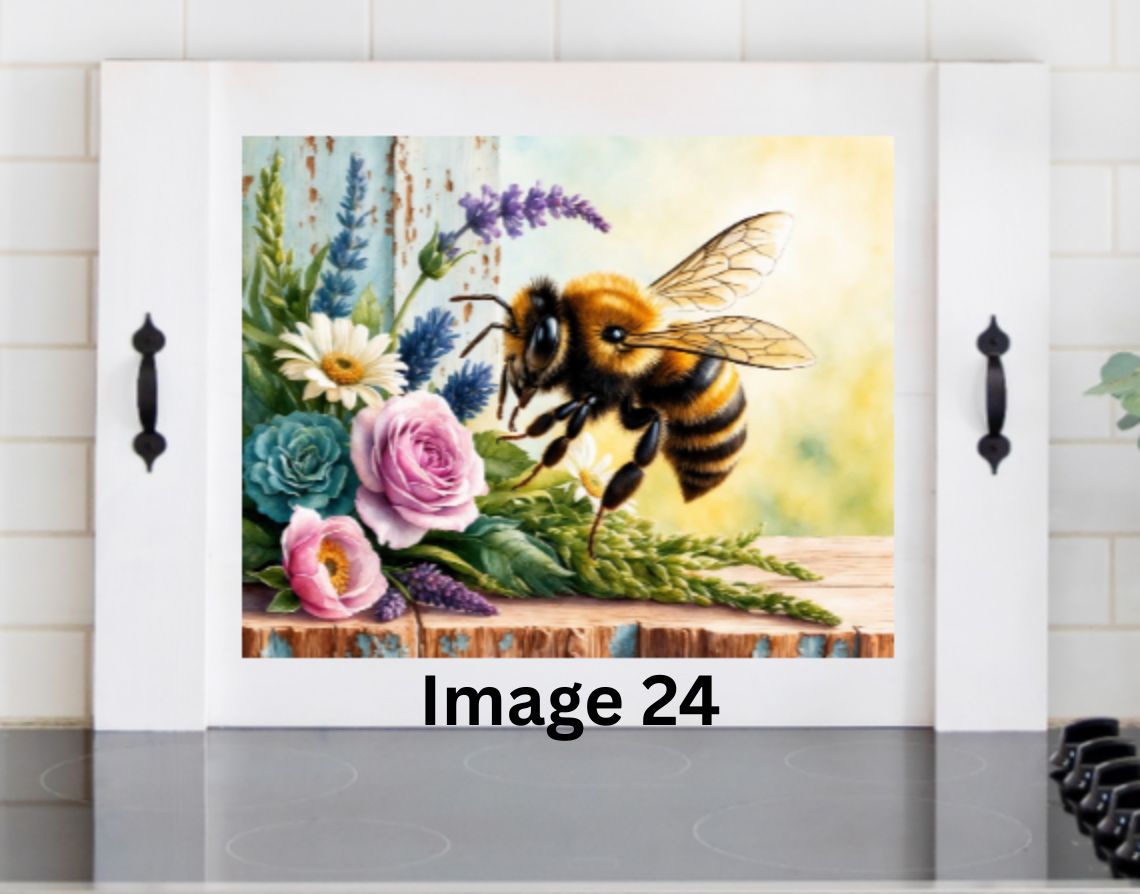 Bumble bee wooden stove cover with honey bee, pink roses, daisies, lavender and greenery, floral noodle board for farmhouse and cottage kitchen decor.