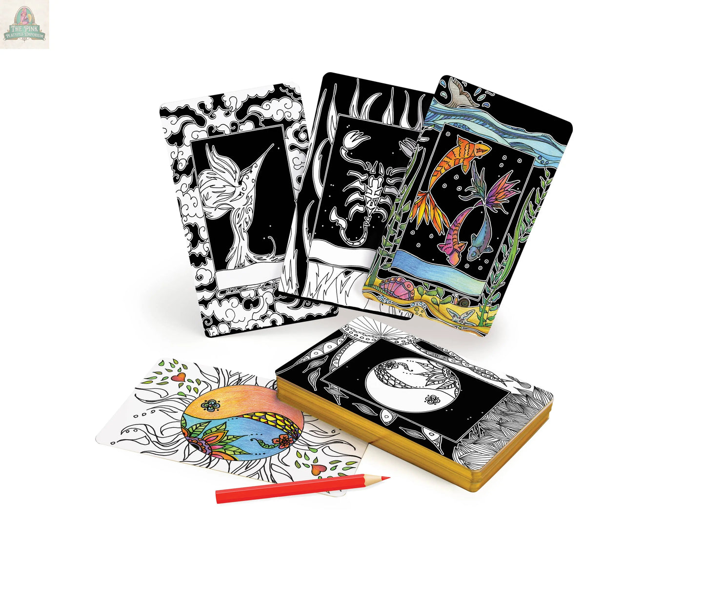 The REDFeather Intuitive Wisdom: Color-Your-Deck Tarot Cards set features black-and-white and partially colored tarot cards, spread out with a red pencil and box, inviting you to personalize your deck through coloring.