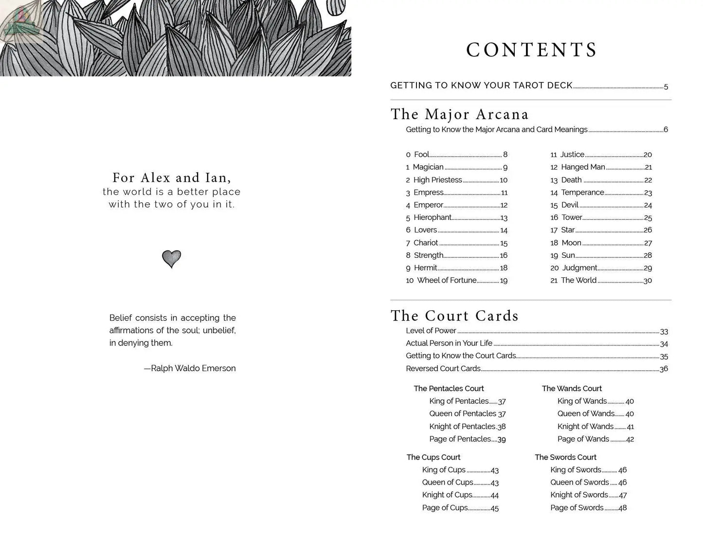 A black-and-white spread from REDFeather's "Intuitive Wisdom: Color-Your-Deck Tarot Cards" features a leaf design, dedication to Alex and Ian, an Emerson quote, and a table of contents showing tarot deck sections and coloring page numbers.