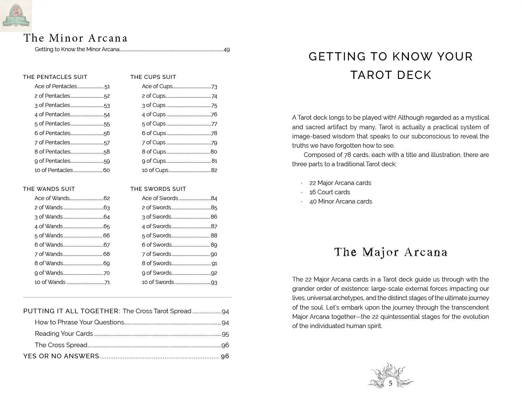 A book page from REDFeather’s "Intuitive Wisdom: Color-Your-Deck Tarot Cards" shows tarot suits with page numbers on the left, and details the deck’s intuitive structure and Major Arcana on the right, with headings and symbols in black text on white.