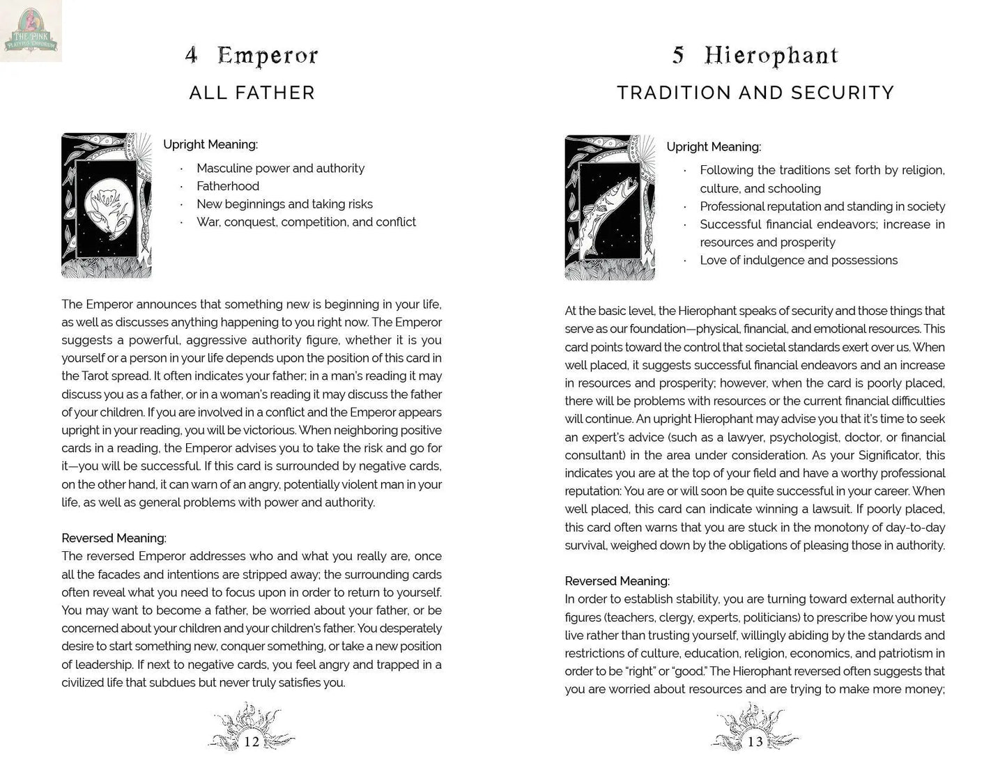 An open "Intuitive Wisdom: Color-Your-Deck Tarot Cards" by REDFeather shows The Emperor and Hierophant coloring cards, each page featuring keywords plus upright and reversed meanings for guidance and insight.