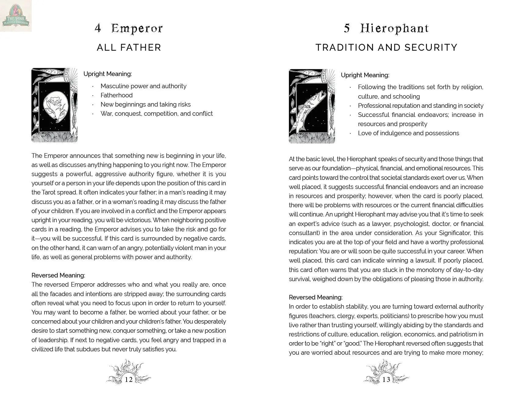 An open "Intuitive Wisdom: Color-Your-Deck Tarot Cards" by REDFeather shows The Emperor and Hierophant coloring cards, each page featuring keywords plus upright and reversed meanings for guidance and insight.