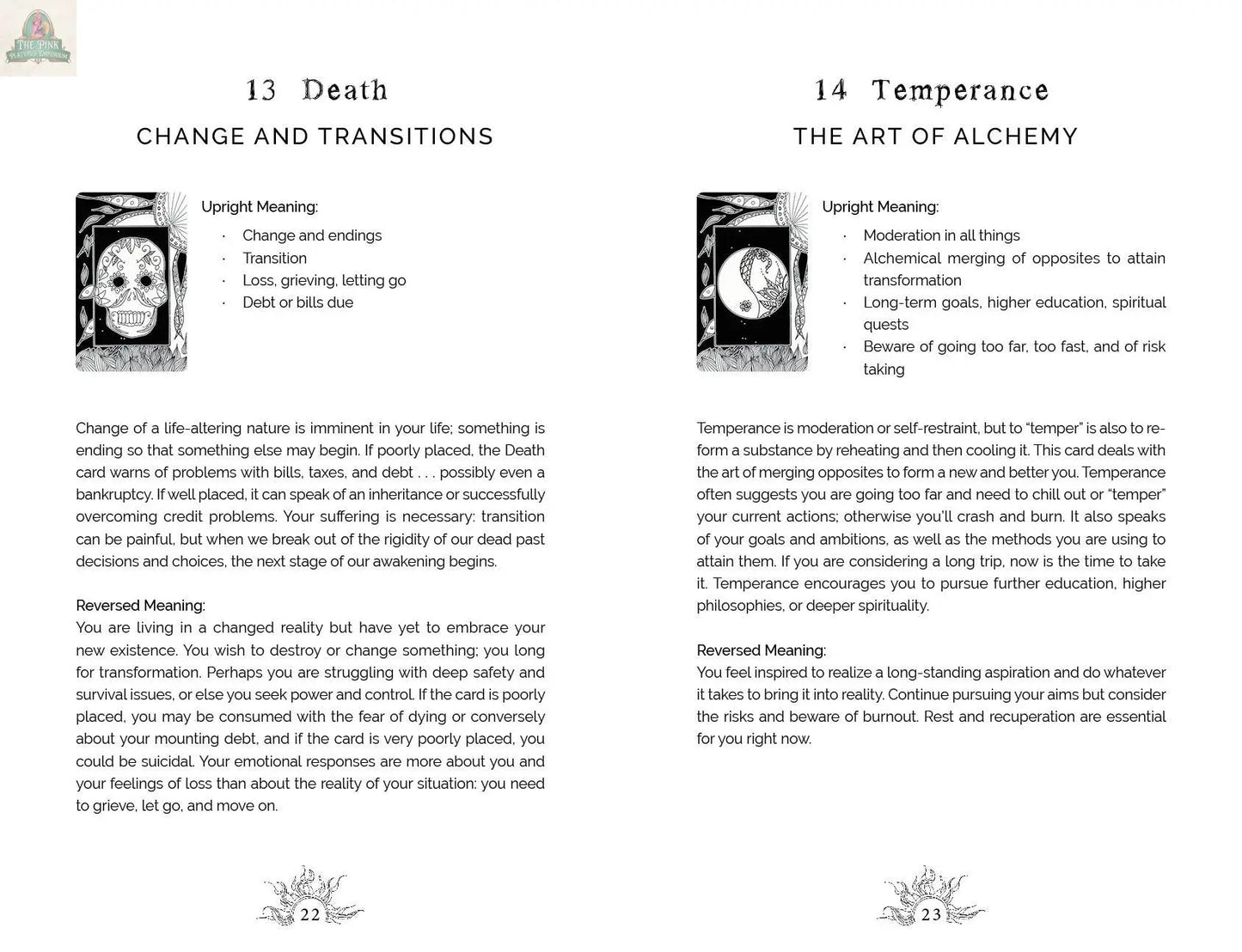 A page from "Intuitive Wisdom: Color-Your-Deck Tarot Cards" by REDFeather features Death and Temperance’s upright and reversed meanings, explanatory paragraphs, and floral art—ideal for fans of intuitive tarot decks.