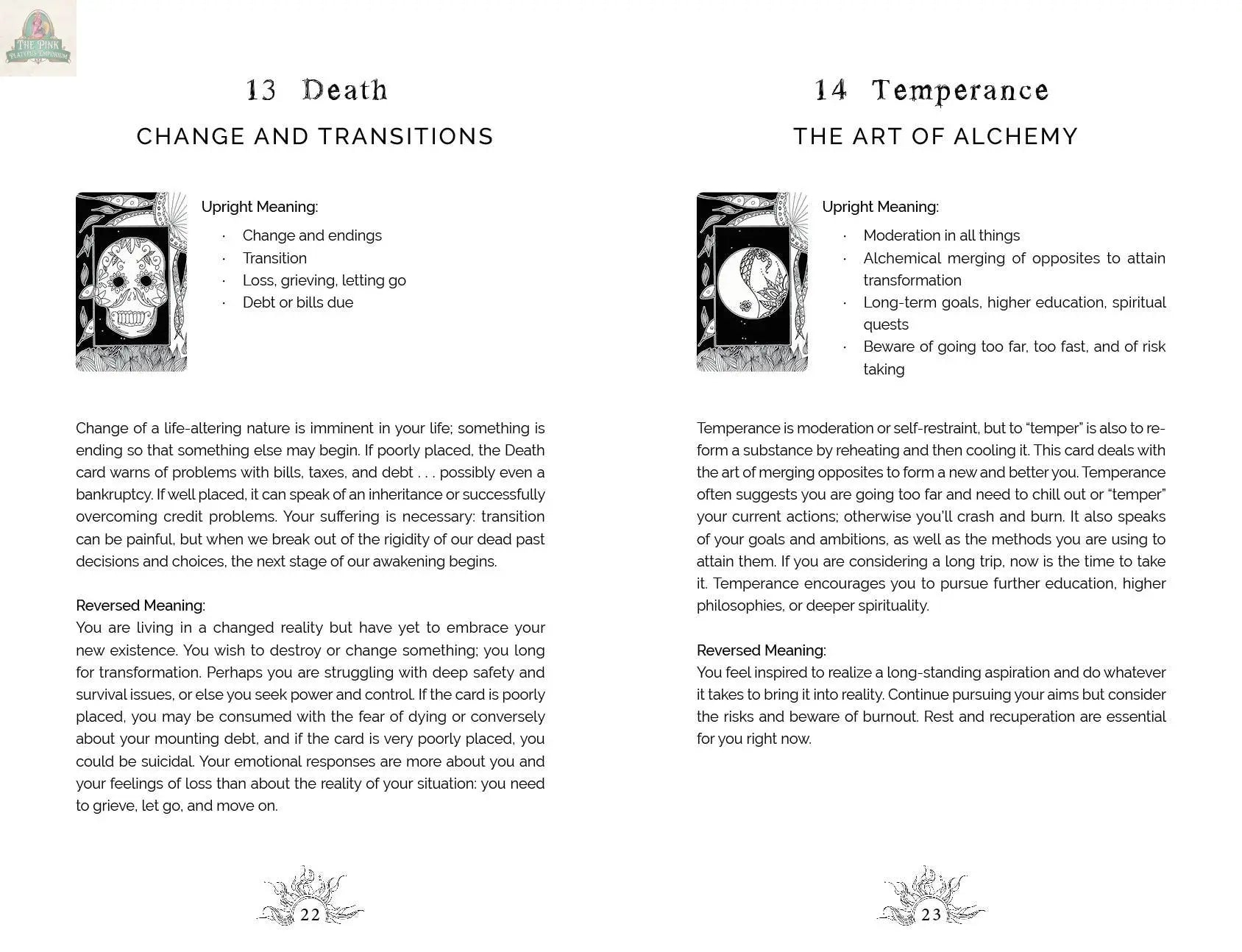 A page from "Intuitive Wisdom: Color-Your-Deck Tarot Cards" by REDFeather features Death and Temperance’s upright and reversed meanings, explanatory paragraphs, and floral art—ideal for fans of intuitive tarot decks.