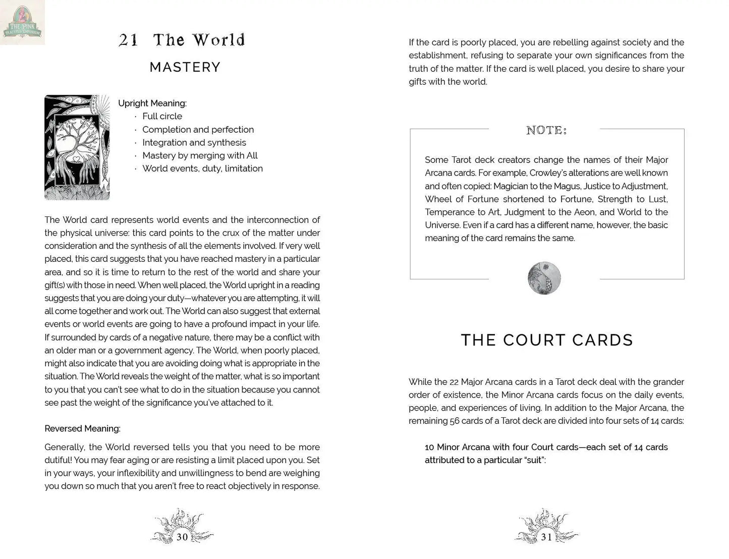 A page from REDFeather's Intuitive Wisdom: Color-Your-Deck Tarot Cards features The World card’s upright and reversed meanings, Court Card info, and decorative designs—ideal for fans of intuitive or color-your-deck tarot cards.