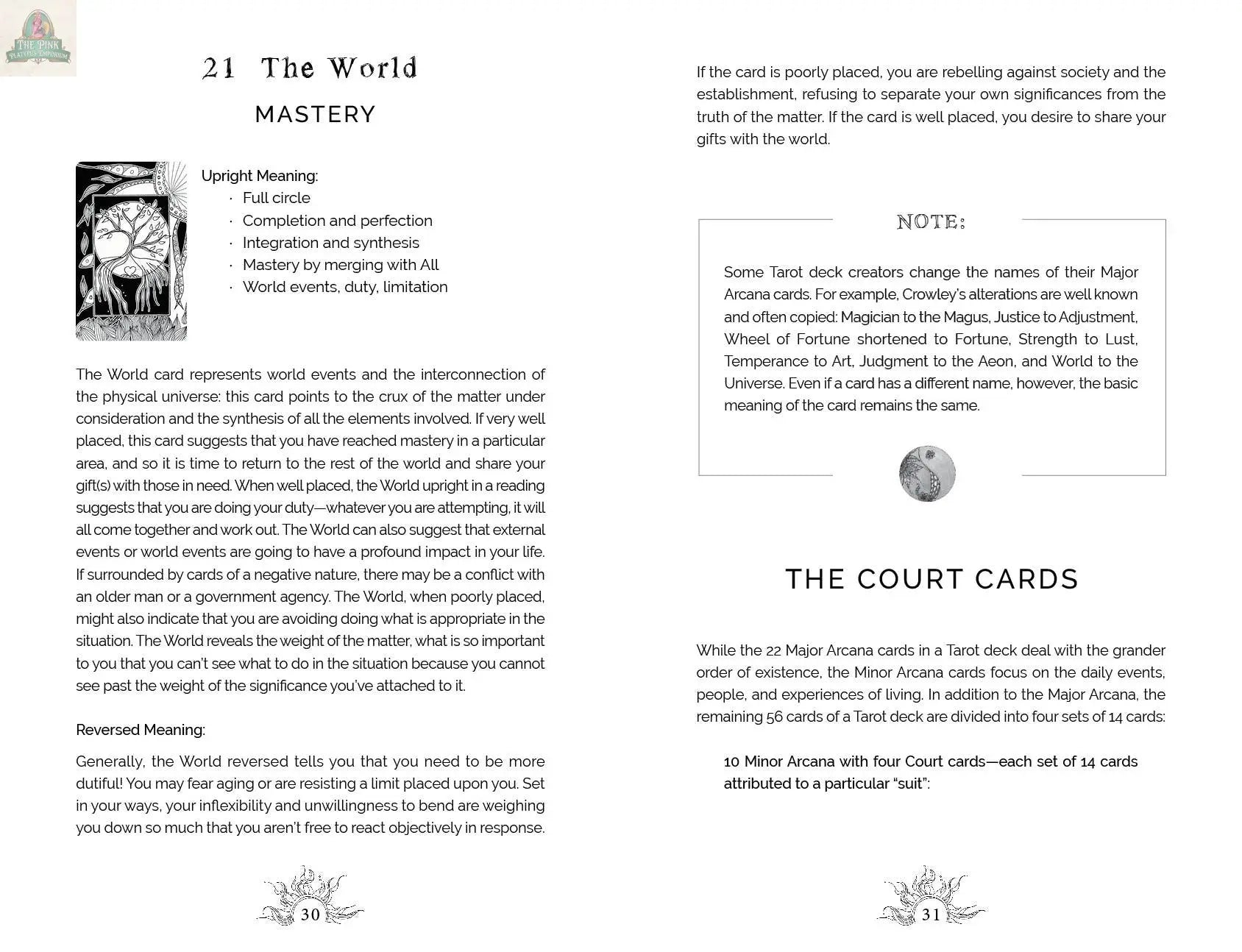 A page from REDFeather's Intuitive Wisdom: Color-Your-Deck Tarot Cards features The World card’s upright and reversed meanings, Court Card info, and decorative designs—ideal for fans of intuitive or color-your-deck tarot cards.